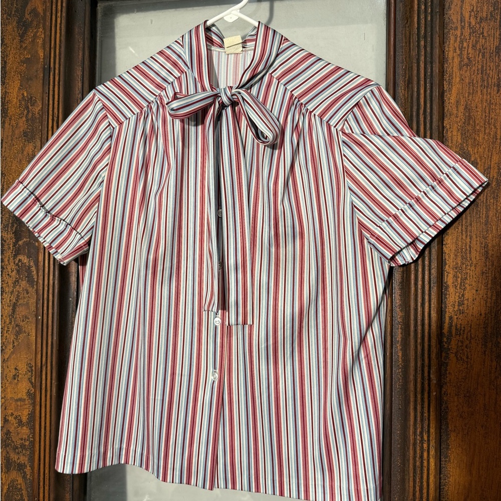 Striped Short Sleeve Blouse with Bow Tie